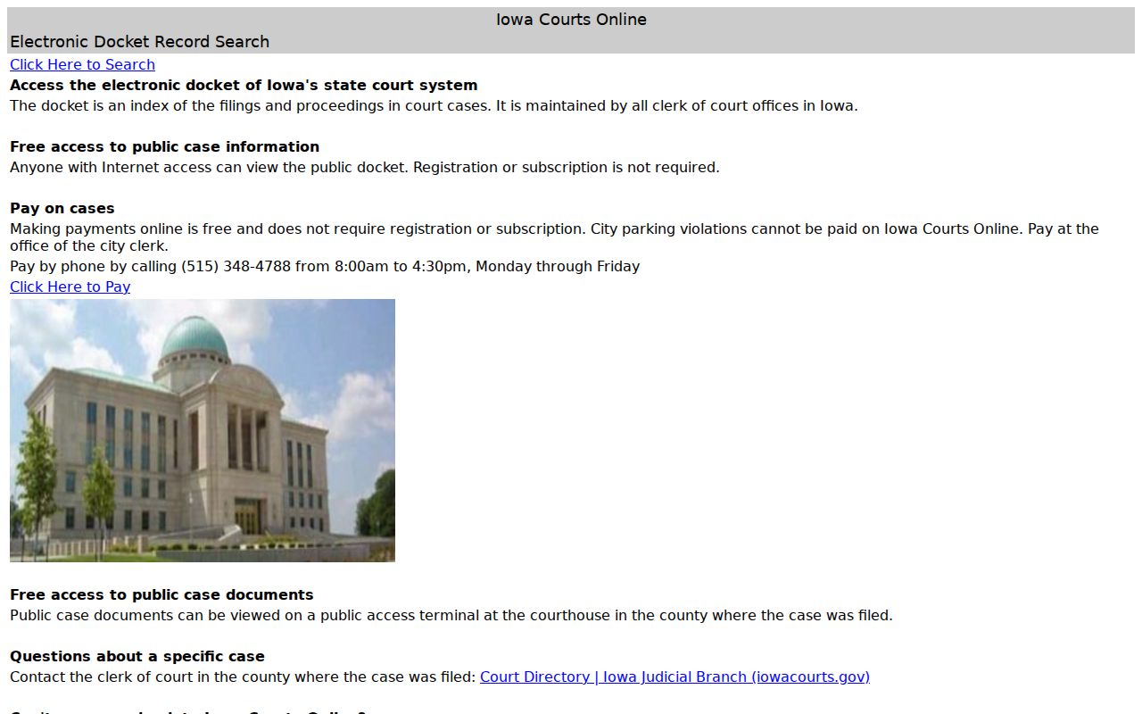 Hamilton County warrant check through the blank Iowa Courts Online landing page